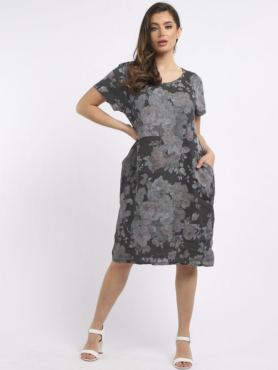 Italian Classic Shift Soft Floral Charcoal Linen Dress Sz 10-16