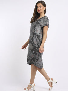 Italian Classic Shift Soft Floral Charcoal Linen Dress Sz 10-16