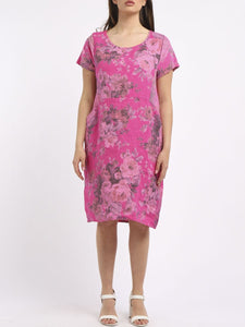 Italian Classic Shift Soft Floral Fuschia Linen Dress Sz 10-16