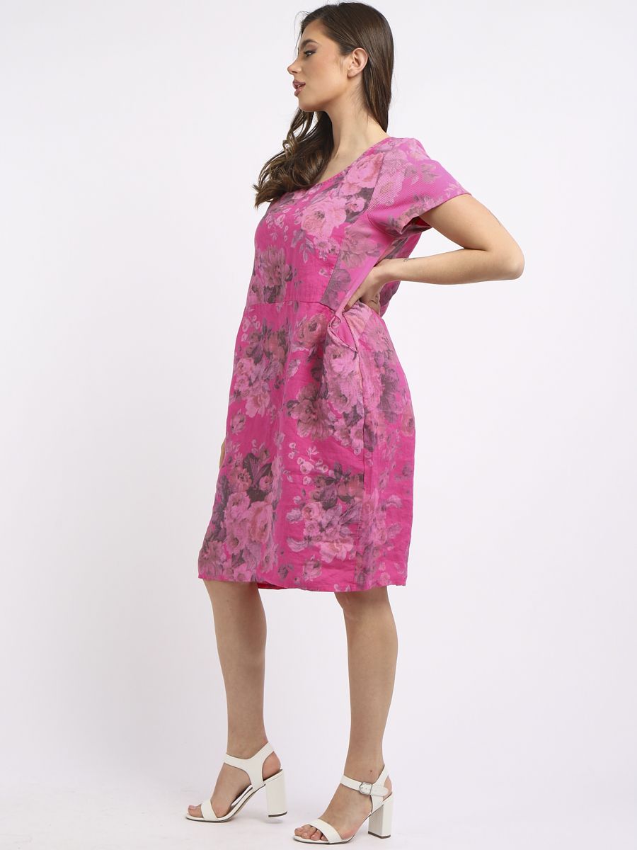 Italian Classic Shift Soft Floral Fuschia Linen Dress Sz 10-16