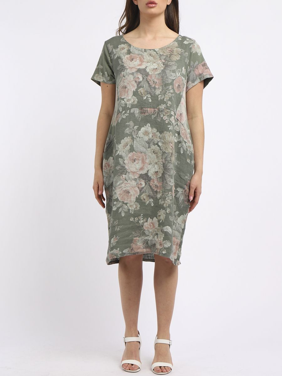 Italian Classic Shift Soft Floral Khaki Linen Dress Sz 10-16