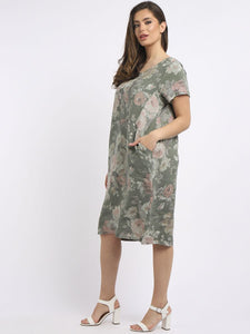 Italian Classic Shift Soft Floral Khaki Linen Dress Sz 10-16