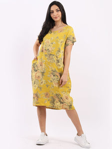 Italian Classic Shift Soft Floral Mustard Linen Dress Sz 10-16