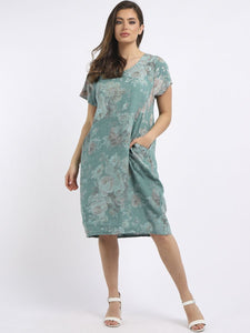 Italian Classic Shift Soft Floral Ocean Blue Linen Dress Sz 10-16