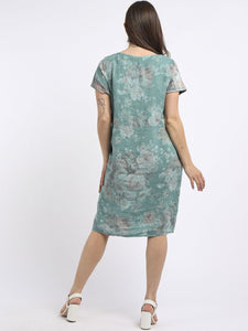 Italian Classic Shift Soft Floral Ocean Blue Linen Dress Sz 10-16