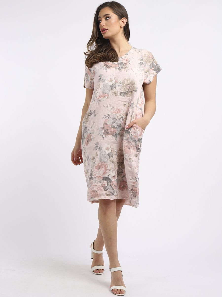 Italian Classic Shift Soft Floral Dusky Pink Linen Dress Sz 10 16