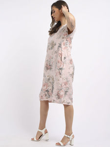 Italian Classic Shift Soft Floral Dusky Pink Linen Dress Sz 10-16