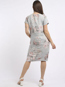 Italian Classic Shift Soft Floral Silver Linen Dress Sz 10-16