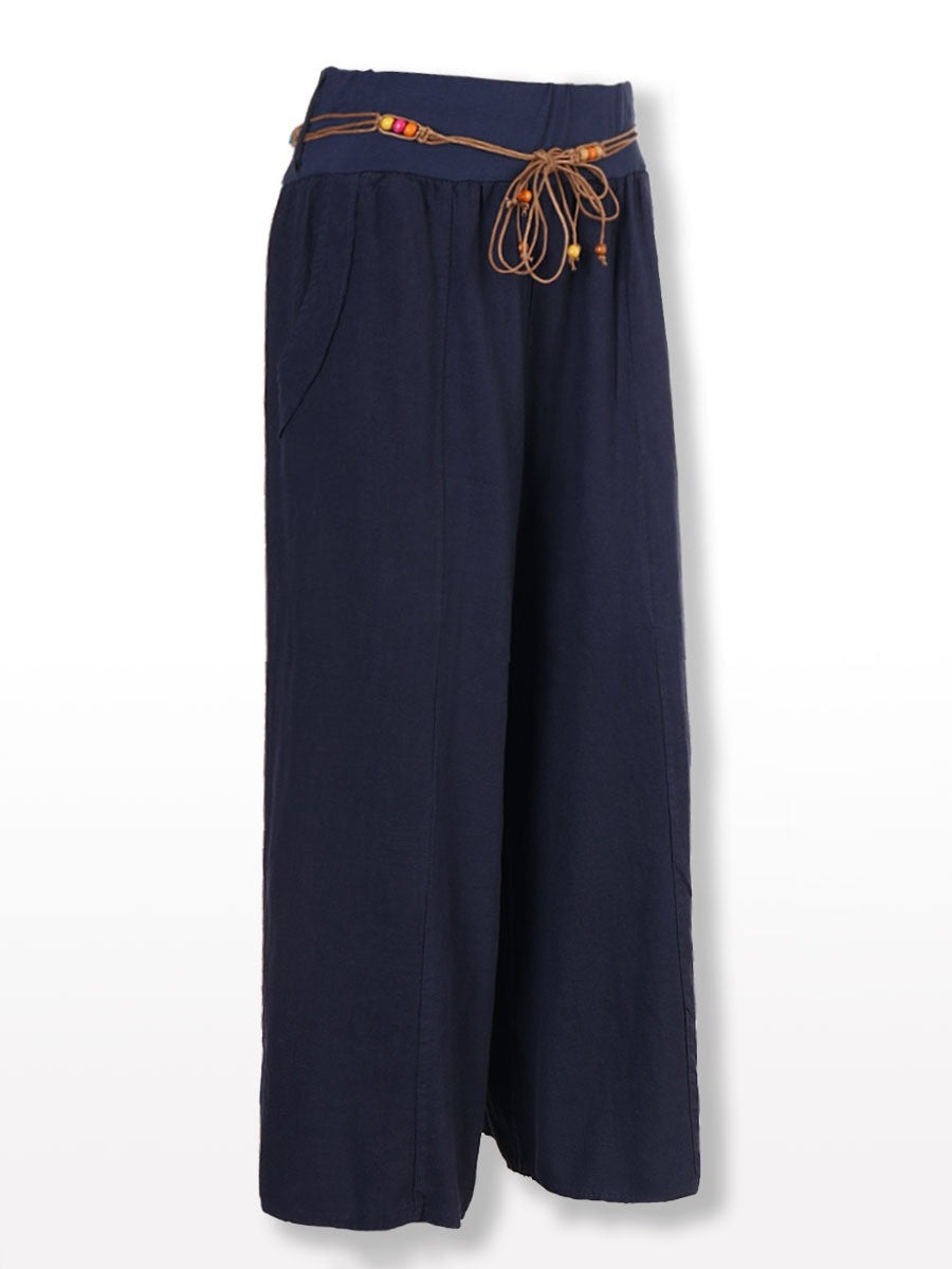 Italian Linen Trouser, Wide Leg, Tie Belt,  Navy Sz 10-18