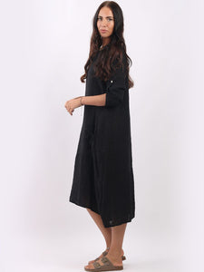 Italian Tie Pocket Plain Black Linen Dress Sz 10-16