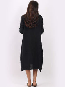 Italian Tie Pocket Plain Black Linen Dress Sz 10-16