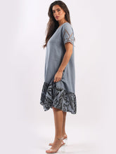 Load image into Gallery viewer, Italian Broderie Sleeves Cotton/Linen Denim Dress Sz 10-16
