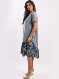 Italian Broderie Sleeves Cotton/Linen Denim Dress Sz 10-16