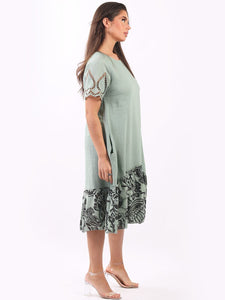 Italian Broderie Sleeves Cotton/Linen Sage Dress Sz 10-16