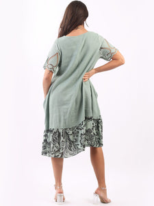 Italian Broderie Sleeves Cotton/Linen Sage Dress Sz 10-16