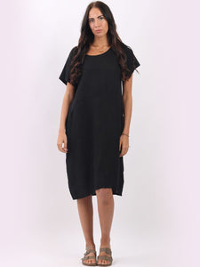 Italian Classic Shift Plain Black Linen Dress Sz 10-16