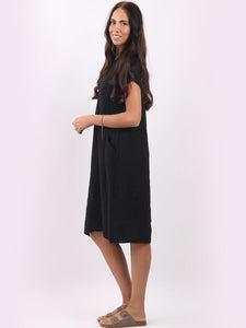 Italian Classic Shift Plain Black Linen Dress Sz 10-16