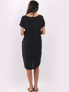 Italian Classic Shift Plain Black Linen Dress Sz 10-16