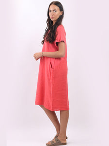 Italian Classic Shift Plain Coral Linen Dress Sz 10-16