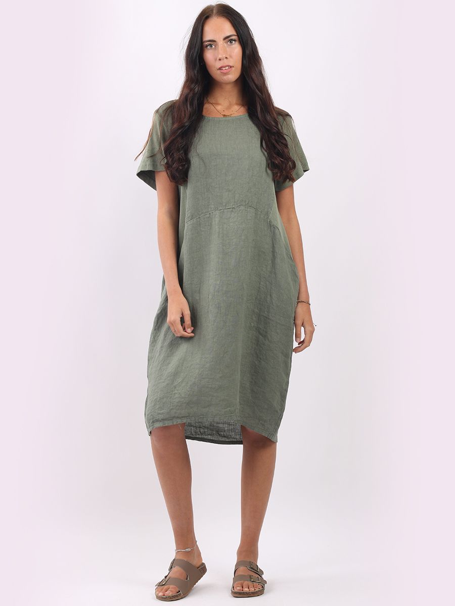 Italian Classic Shift Plain Khaki Linen Dress Sz 10-16