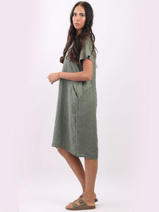 Italian Classic Shift Plain Khaki Linen Dress Sz 10-16
