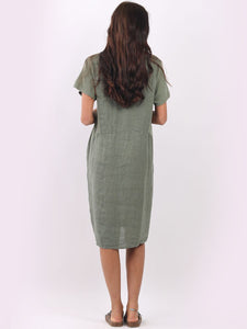 Italian Classic Shift Plain Khaki Linen Dress Sz 10-16