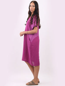 Italian Classic Shift Plain Magenta Linen Dress Sz 10-16