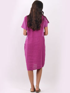 Italian Classic Shift Plain Magenta Linen Dress Sz 10-16