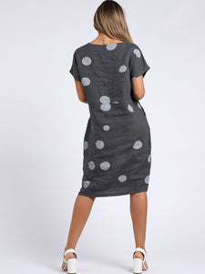 Italian Straight Shift Dotty Charcoal Linen Dress Sz 10-16