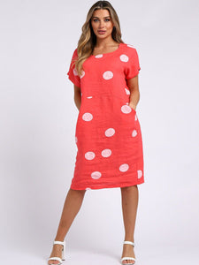 Italian Straight Shift Dotty Coral Linen Dress Sz 10-16