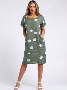 Italian Straight Shift Dotty Khaki Linen Dress Sz 10-16