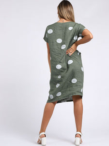 Italian Straight Shift Dotty Khaki Linen Dress Sz 10-16