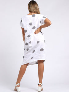 Italian Straight Shift Dotty White Linen Dress Sz 10-16