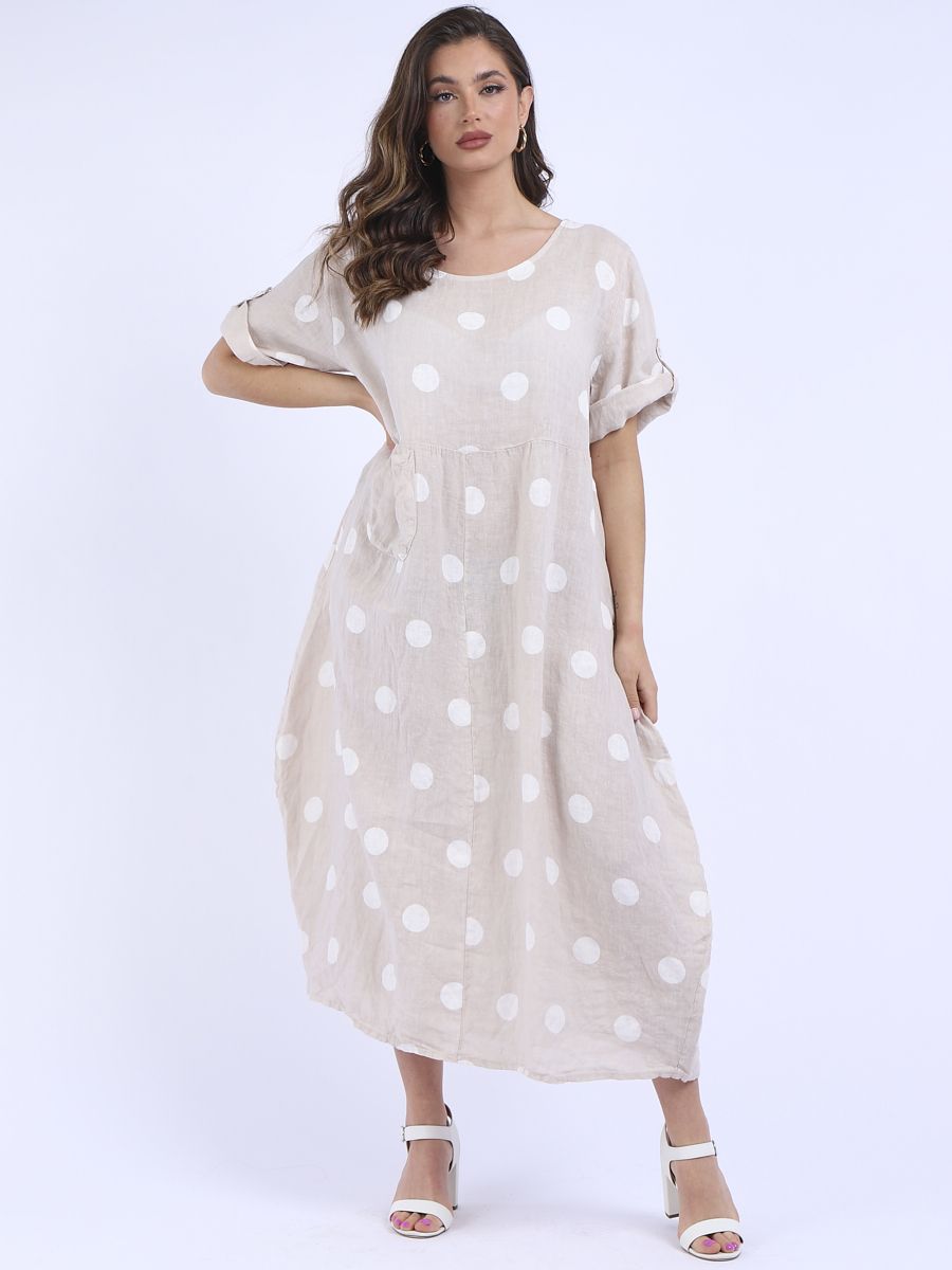Italian Polka Dot Beige Linen Pocket Dress Sz 12-18