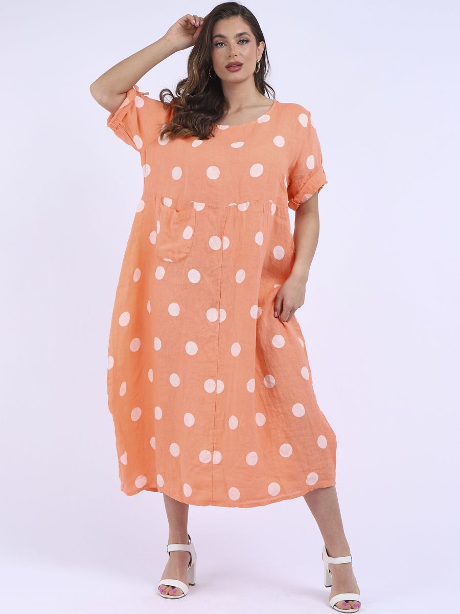 Italian Polka Dot Tangerine Linen Pocket Dress Sz 12-18