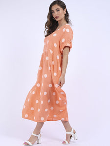 Italian Polka Dot Tangerine Linen Pocket Dress Sz 12-18