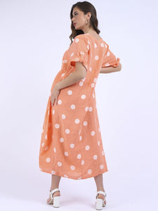 Italian Polka Dot Tangerine Linen Pocket Dress Sz 12-18