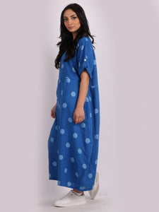 Italian Polka Dot Blue Linen Pocket Dress Sz 12-18