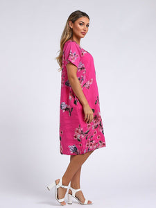 Italian Classic Shift Flora Duo Fuschia Linen Dress Sz 10-16