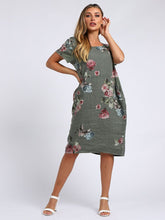 Load image into Gallery viewer, Italian Classic Shift Flora Duo Khaki Linen Dress Sz 10-16
