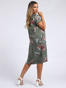 Italian Classic Shift Flora Duo Khaki Linen Dress Sz 10-16