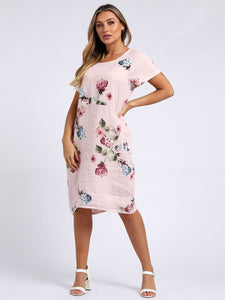 Italian Classic Shift Flora Duo Soft Pink Linen Dress Sz 10-16
