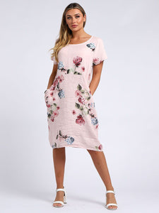 Italian Classic Shift Flora Duo Soft Pink Linen Dress Sz 10-16