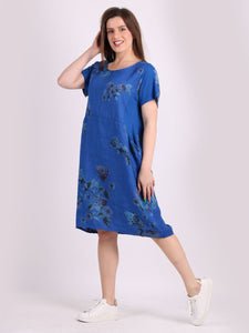 Italian Classic Shift Flora Duo Blue Linen Dress Sz 10-16