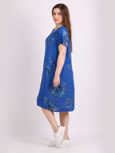 Load image into Gallery viewer, Italian Classic Shift Flora Duo Blue Linen Dress Sz 10-16
