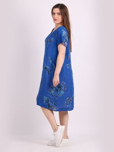 Italian Classic Shift Flora Duo Blue Linen Dress Sz 10-16