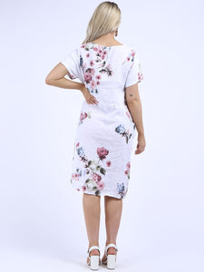 Italian Classic Shift Flora Duo White Linen Dress Sz 10-16