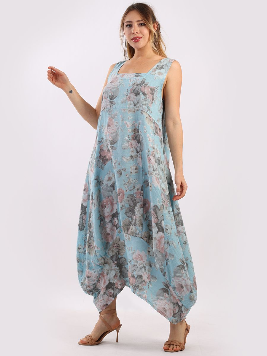 Italian Square Neck Soft Floral Azure Linen Dress Sz 10-16
