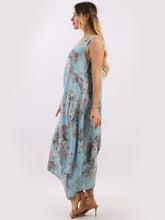 Load image into Gallery viewer, Italian Square Neck Soft Floral Azure Linen Dress Sz 10-16
