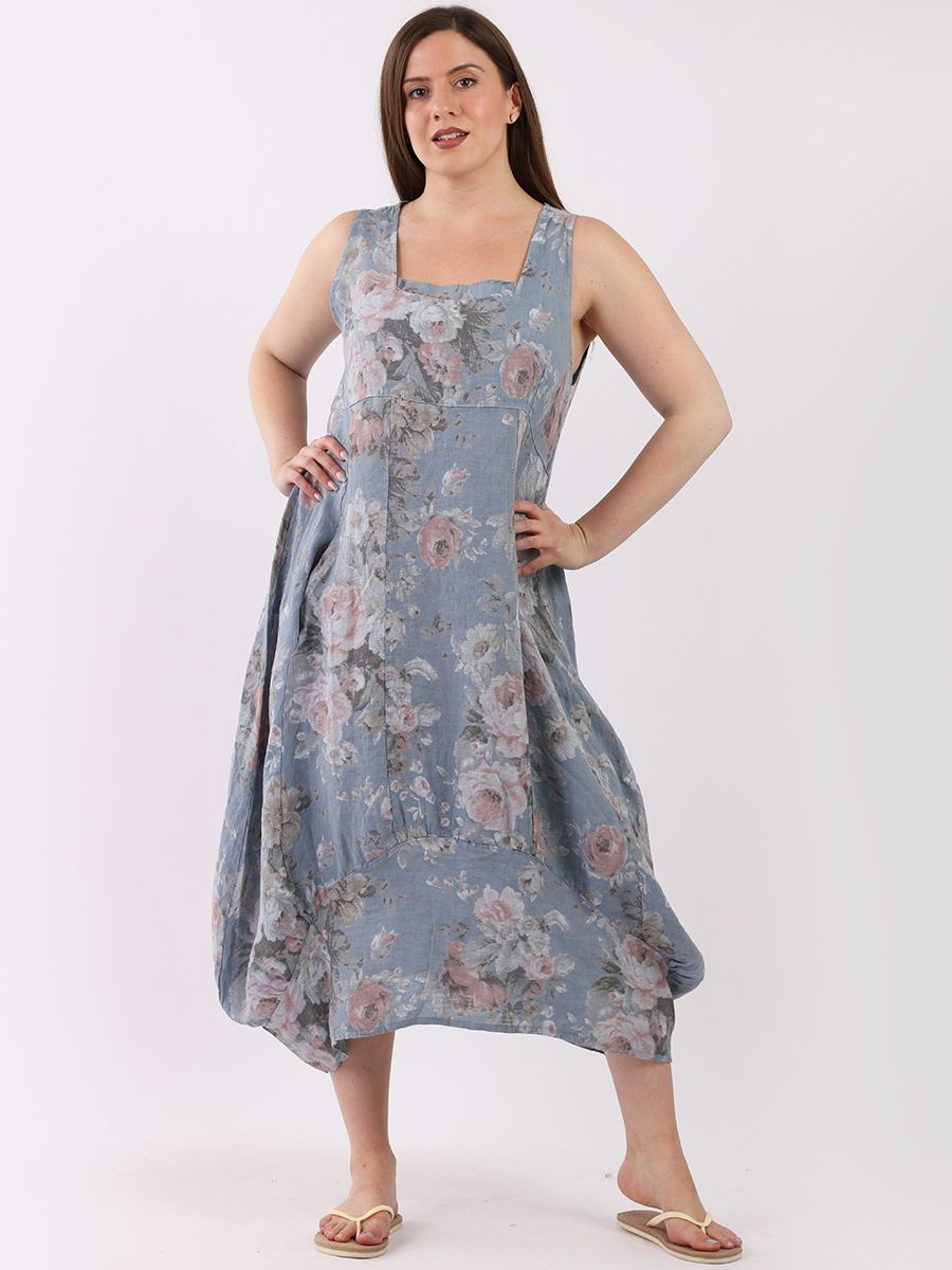 Italian Square Neck Soft Floral Denim Linen Dress Sz 10-16